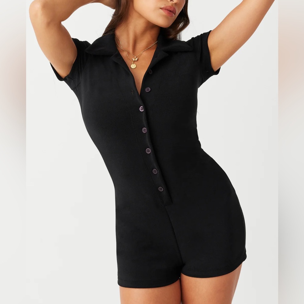Frankie's Bikinis Rose Terry Romper in Black size Medium